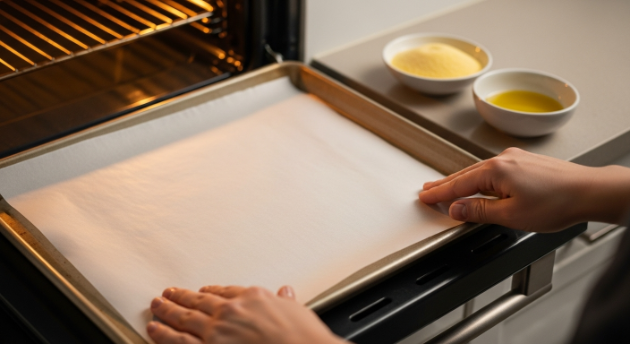 Preparing pans for Witch Hat Pizza Recipe with parchment and oil