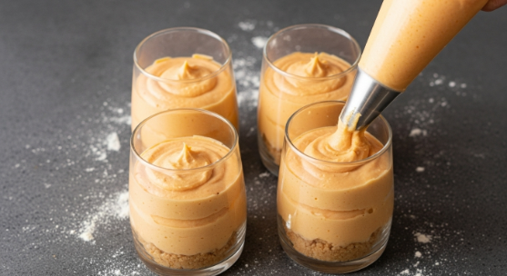 Piping pumpkin cheesecake filling into cups over graham crust