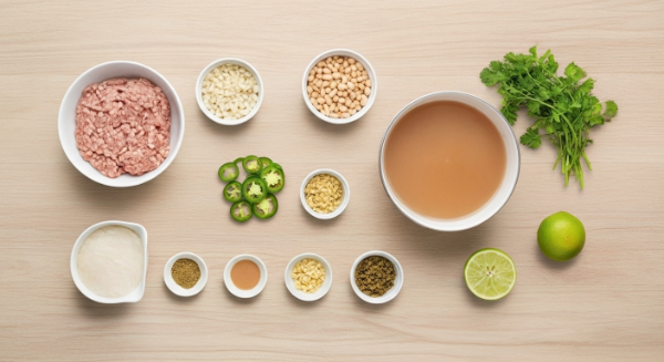 Ingredients for Turkey and White Bean Chili arranged overhead