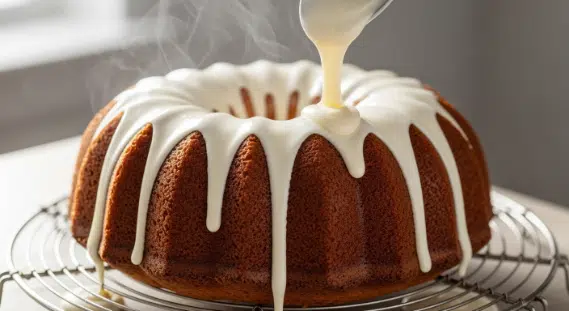 Glazing a Cinnamon Roll Bundt Cake with Cream Cheese Glaze