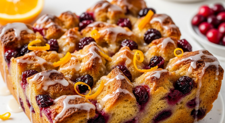 Cranberry Orange Bread Pudding in pan, golden top with cranberries and orange zest