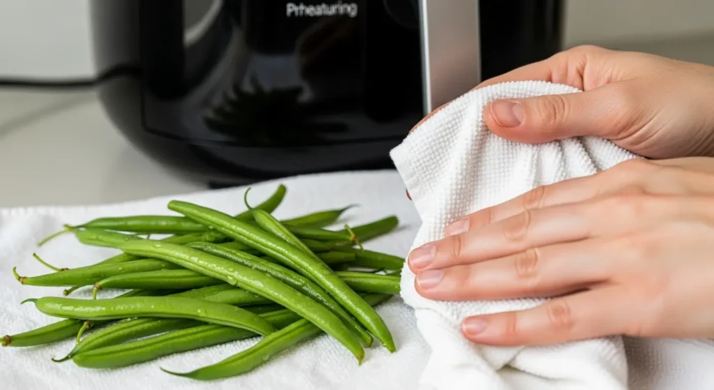 Drying green beans and preheating the air fryer for almondine