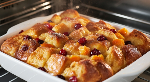 Cranberry Orange Bread Pudding baking in oven with golden top