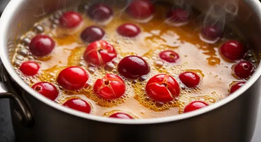 Cranberries simmering for Vanilla Bean Panna Cotta with Cranberry Compote
