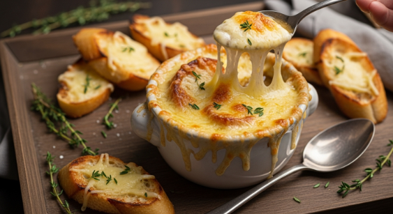 Final serving of French Onion Soup with Gruyère and baguette