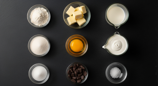 salted caramel chocolate tart ingredients flat lay overhead