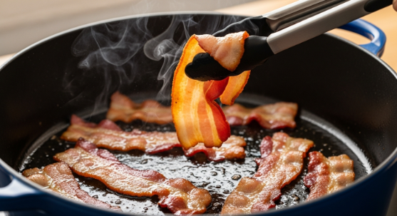 Turkey bacon crisping in a pot for Loaded Baked Potato Soup
