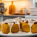 Fresh pumpkin cinnamon rolls with cream cheese glaze in modern kitchen
