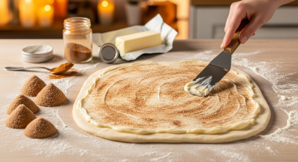 Rolled-out pumpkin dough brushed with butter and covered in cinnamon-brown sugar in a bright, modern kitchen key flavor layer for pumpkin cinnamon rolls.