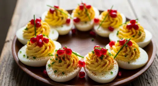 Thanksgiving Appetizer Deviled Eggs on a festive platter with paprika and chives
