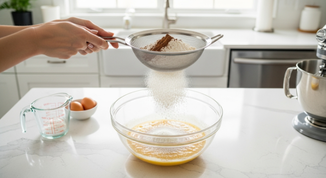 Stirring oat flour, vanilla protein powder, baking powder, baking soda, pumpkin pie spice, and salt in a bowl