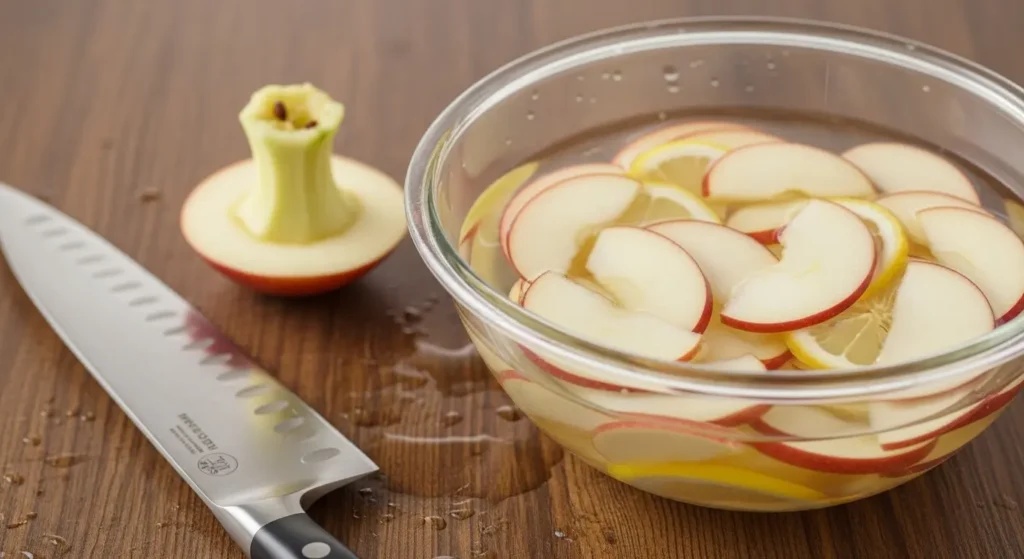 Thin apple slices soaking in lemon water for Mini Apple Rose Tarts