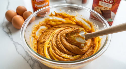 Mixing pumpkin batter for 5-Ingredient Pumpkin Cupcakes in a glass bowl