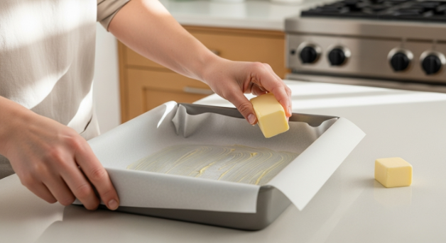 Lining a 9x13 pan with parchment paper for Rice Krispie squares