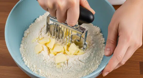 Cutting butter into flour for the cobbler biscuit topping