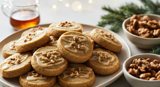 platter of maple walnut shortbread cookies with walnuts