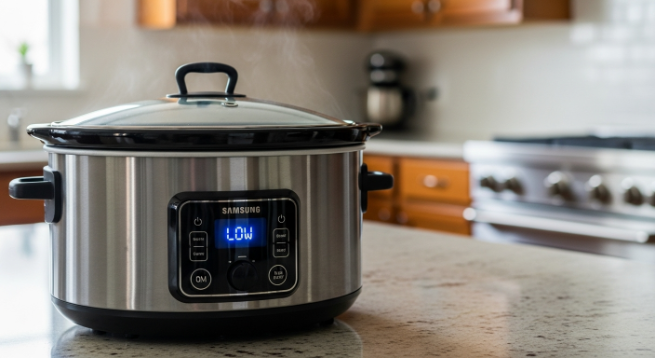 Slow cooker set to Low cooking chicken and sweet potato stew