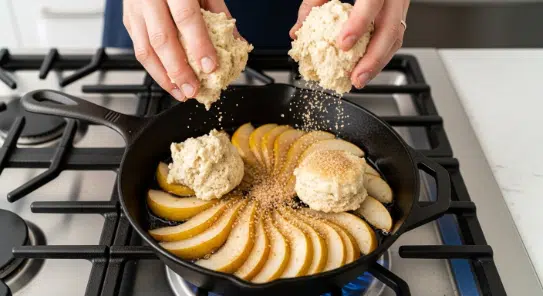 Adding biscuit mounds on pears before baking Rustic Pear Ginger Cobbler