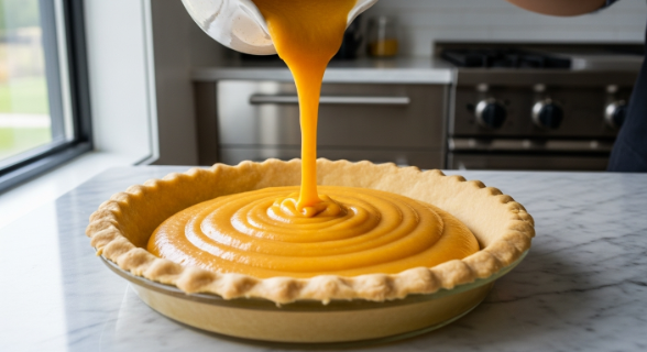 Pouring pumpkin filling into pie crust for Classic Bourbon Pumpkin Pie