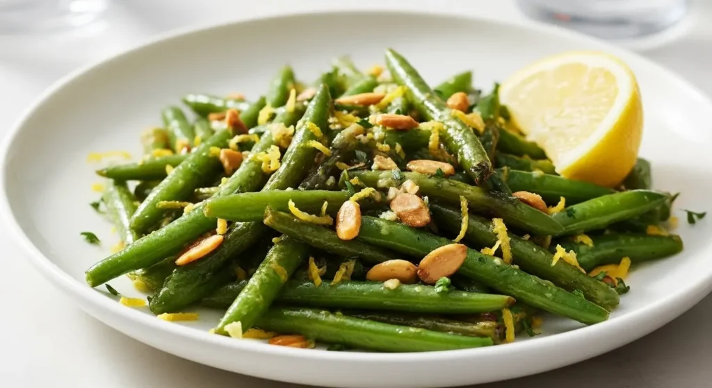 Final serving of Air Fryer Green Beans Almondine with lemon wedge