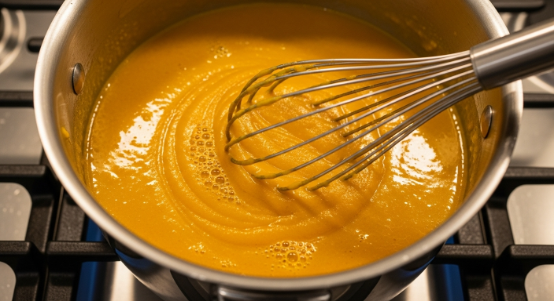 Pumpkin purée and broth whisked together for Pumpkin Coconut Curry Soup