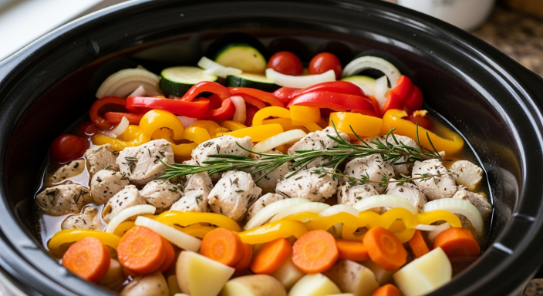 Vegetables and chicken layered in slow cooker for chicken and sweet potato stew