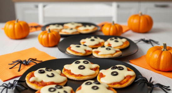 Halloween kids’ party table with mini ghost pizzas, pumpkins, spider props, and festive Halloween decor.