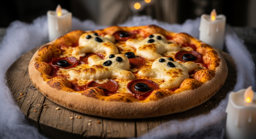 Halloween ghost pizza with melted mozzarella ghosts