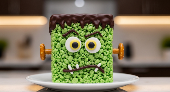 Close-up of single Frankenstein Rice Krispie Treat on a small plate in a modern kitchen