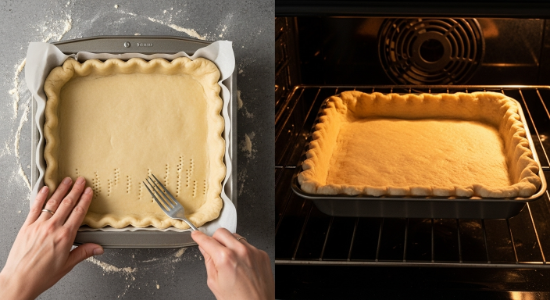 Pressed shortbread crust for Brown Butter Pecan Bars in parchment-lined pan