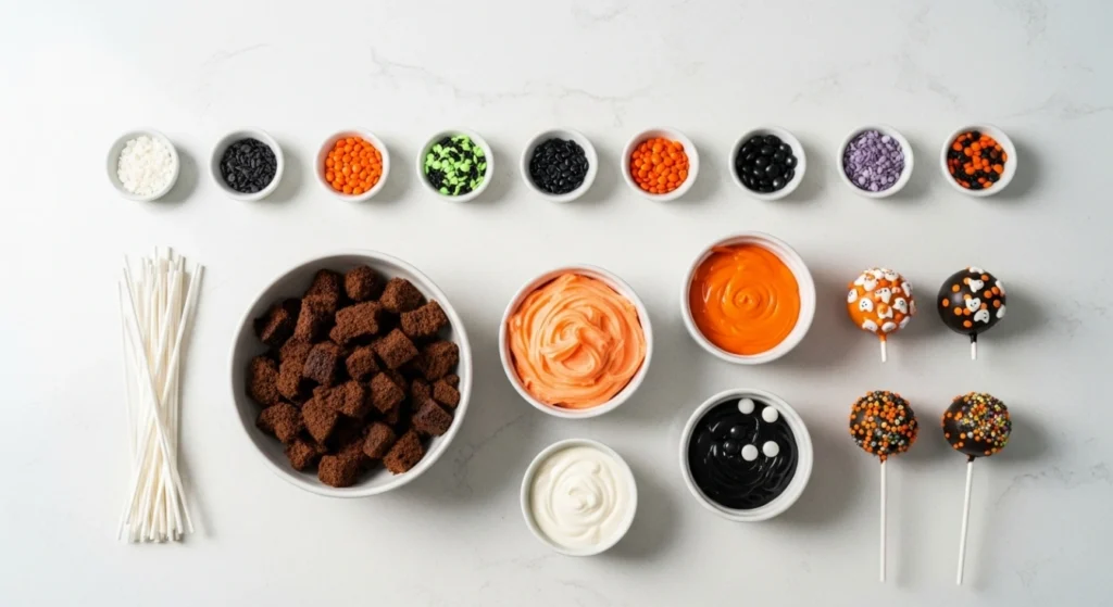 Ingredients for Halloween cake pops: crumbled cake, frosting, orange and black candy melts, sprinkles, sticks