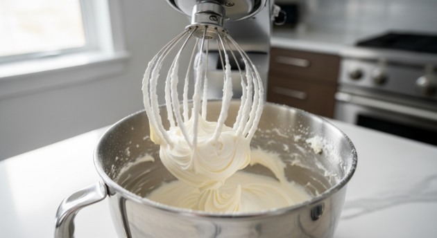 Whipping cream cheese frosting for 5-Ingredient Pumpkin Cupcakes in a stand mixer