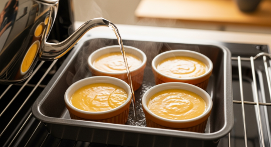 Pumpkin Crème Brûlée custards in a water bath on oven rack before baking