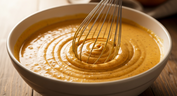 Whisking pumpkin custard for Halloween French Toast Recipe
