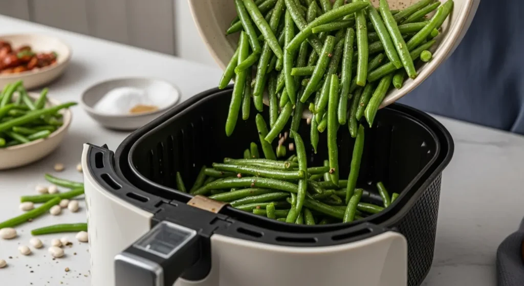 Seasoned green beans going into the air fryer basket