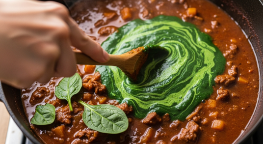 Stirring slurry and spinach into Slow Cooker Chicken and Sweet Potato Stew
