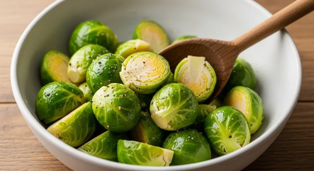 Seasoning Brussels sprouts for Honey-Mustard Air Fryer Brussels Sprouts