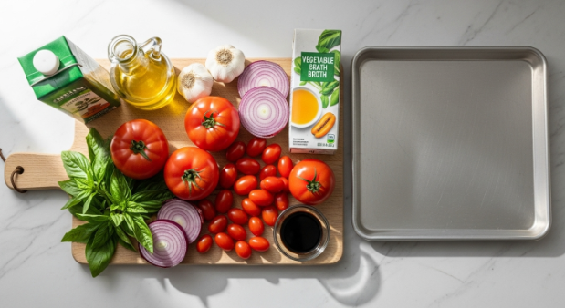 Ingredients for Roasted Tomato Basil Soup arranged on a counter