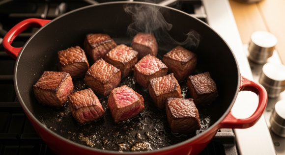 Beef cubes browning in a Dutch oven for beef and barley soup