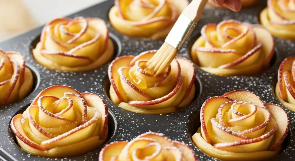 Brushing glaze on apple petals before baking Mini Apple Rose Tarts