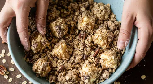 Maple-pecan streusel clumps for Pumpkin Spice French Toast Bake