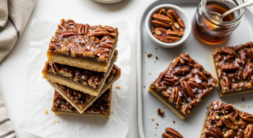 Plated Brown Butter Pecan Bars with flaky salt and pecans
