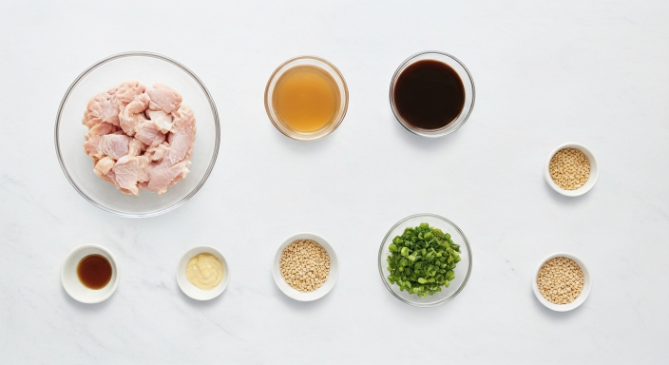 Ingredients for Air Fryer Honey Garlic Chicken arranged in bowls