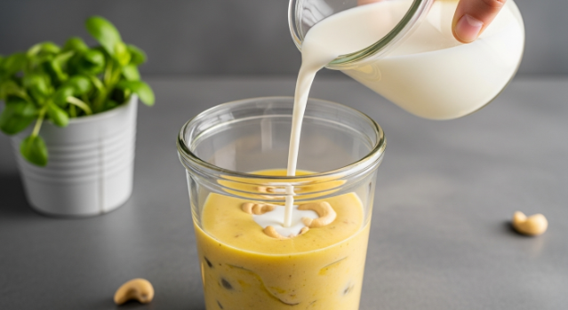 Adding milk to blended cauliflower and leek soup