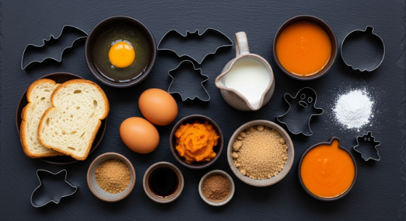 Ingredients for Halloween French Toast Recipe with cookie cutters