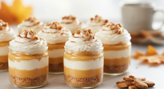 Final plated No-Bake Pumpkin Spice Cheesecake Cups with caramel drizzle