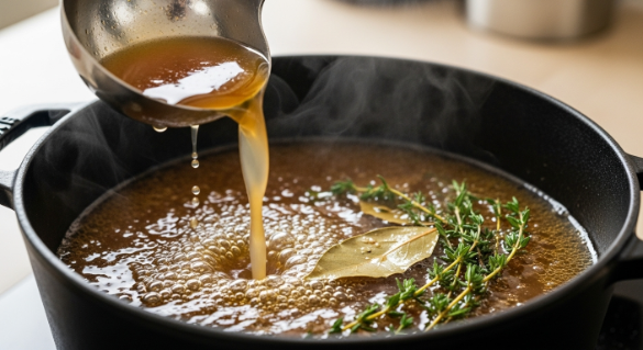 Broth, thyme, and bay leaf simmering for French Onion Soup