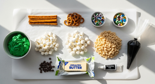 Ingredients for Frankenstein Rice Krispie Treats on parchment in a modern kitchen