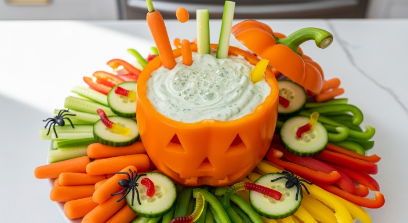 Bell pepper filled with dip surrounded by fresh vegetables arranged as a Halloween cauldron.