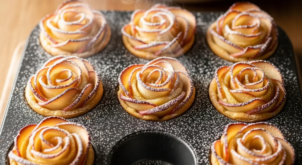Freshly baked Mini Apple Rose Tarts with golden edges